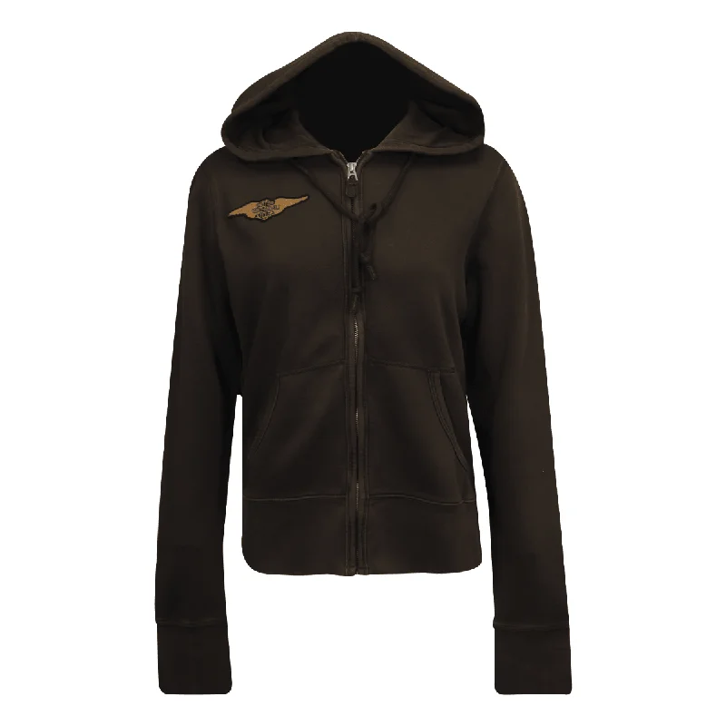 Branded  Women's Hoodie Black Wings Patch Logo Full Zip L/S (S08)