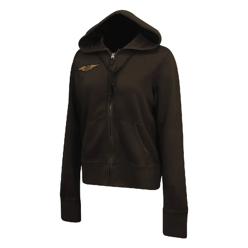 Branded  Women's Hoodie Black Wings Patch Logo Full Zip L/S (S08)