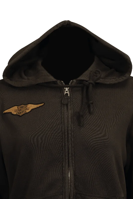 Branded  Women's Hoodie Black Wings Patch Logo Full Zip L/S (S08)