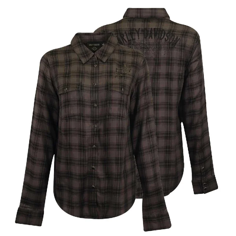 Branded  Women's Shirt Black Grey Plaid Rose L/S Woven (S18)