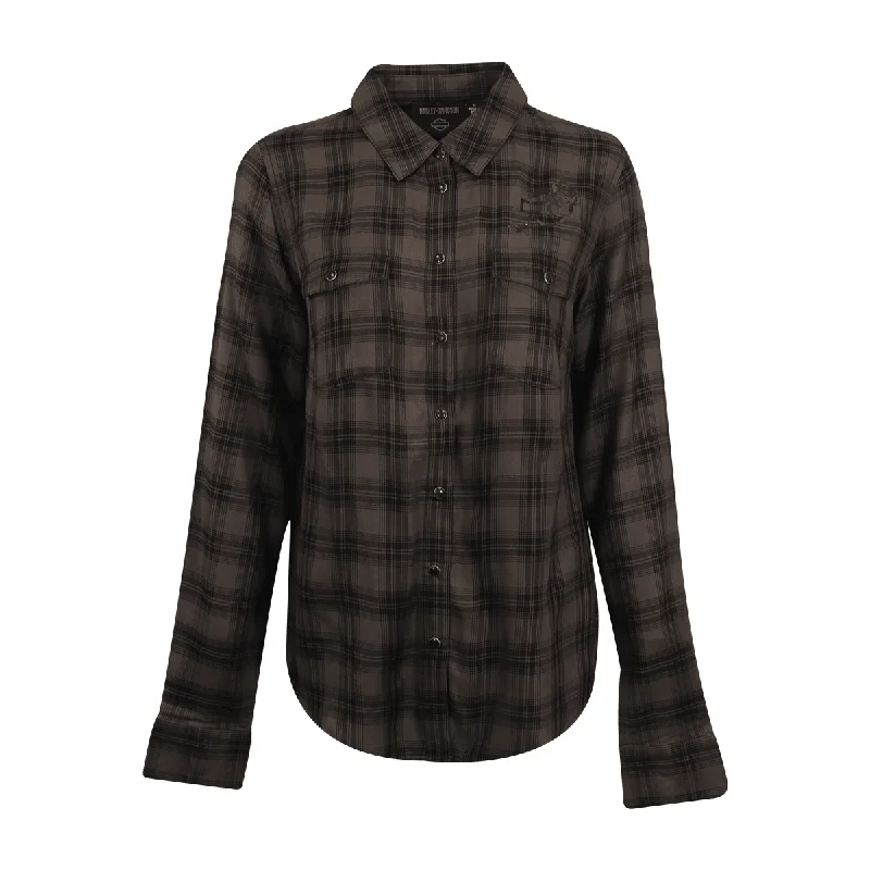 Branded  Women's Shirt Black Grey Plaid Rose L/S Woven (S18)