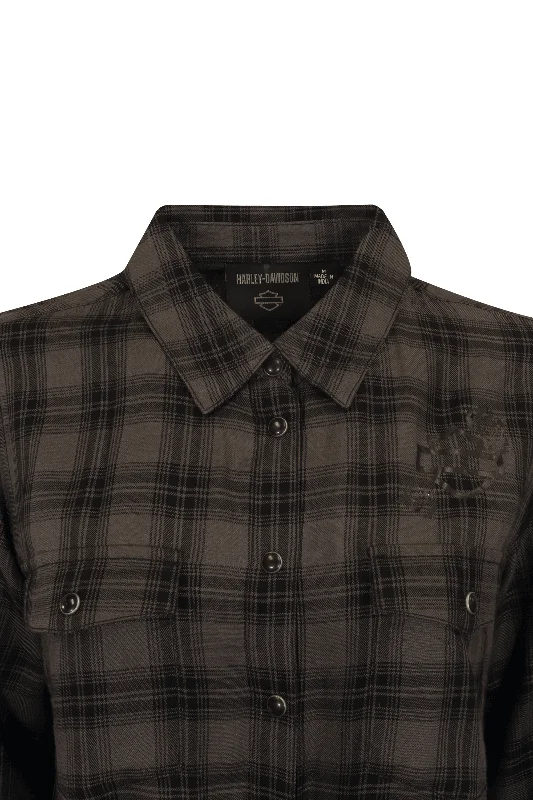 Branded  Women's Shirt Black Grey Plaid Rose L/S Woven (S18)