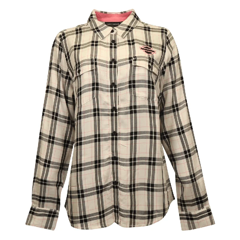 Branded  Women's Shirt Black White Pink Plaid Text L/S Woven (S21)