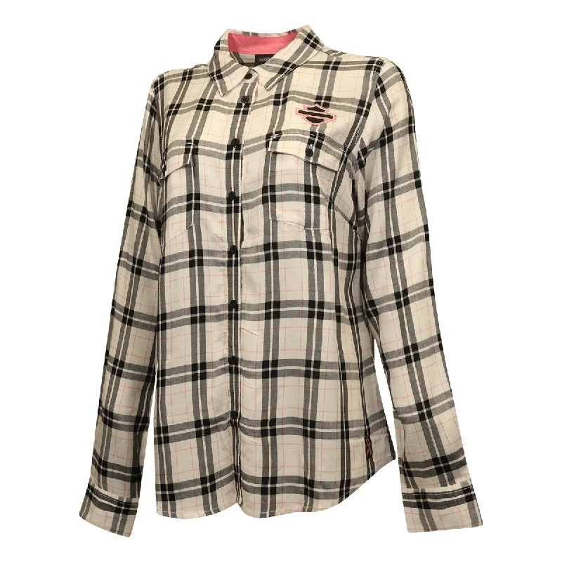 Branded  Women's Shirt Black White Pink Plaid Text L/S Woven (S21)