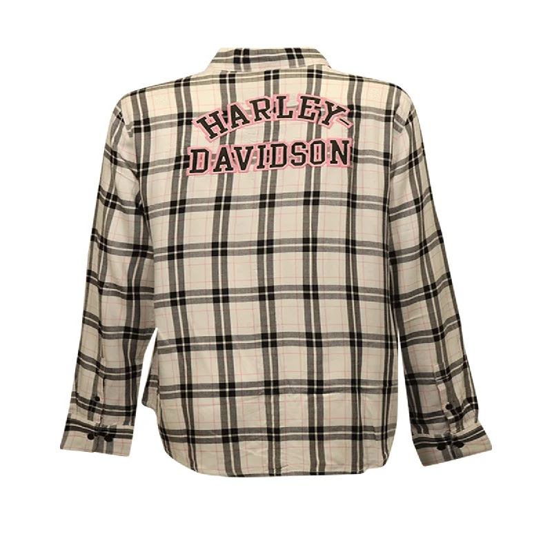 Branded  Women's Shirt Black White Pink Plaid Text L/S Woven (S21)