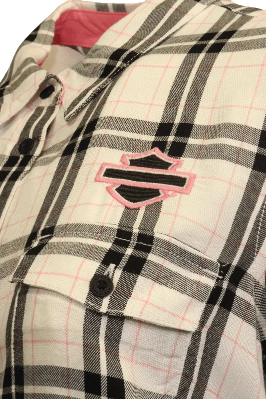 Branded  Women's Shirt Black White Pink Plaid Text L/S Woven (S21)