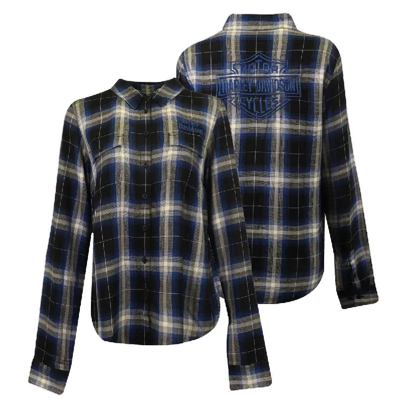 Branded  Women's Shirt Blue Black Plaid Text L/S Woven (S20)