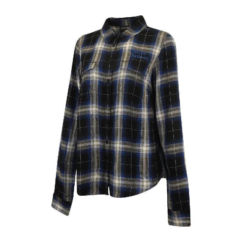 Branded  Women's Shirt Blue Black Plaid Text L/S Woven (S20)