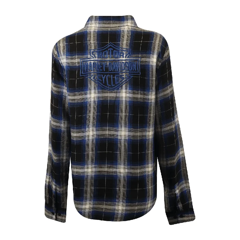 Branded  Women's Shirt Blue Black Plaid Text L/S Woven (S20)