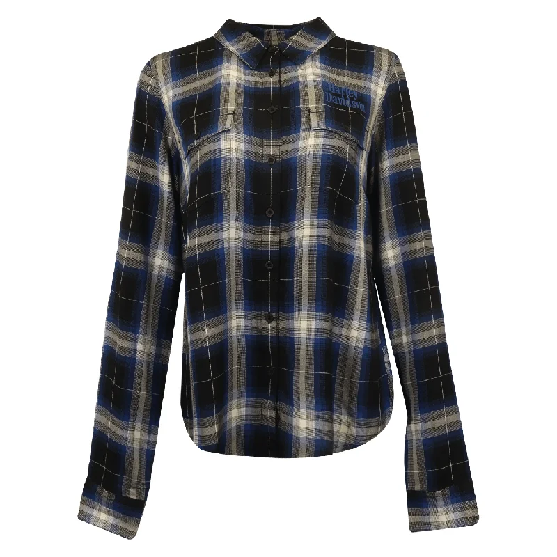 Branded  Women's Shirt Blue Black Plaid Text L/S Woven (S20)