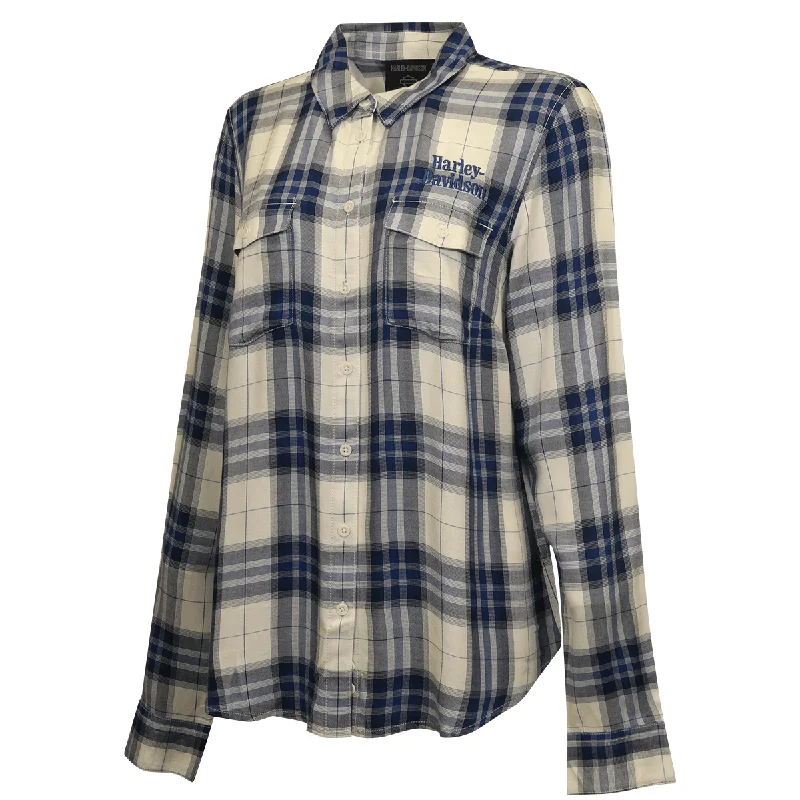 Branded  Women's Shirt Blue White Plaid Embroidered Text L/S Woven (S22)