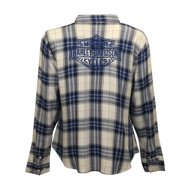 Branded  Women's Shirt Blue White Plaid Embroidered Text L/S Woven (S22)