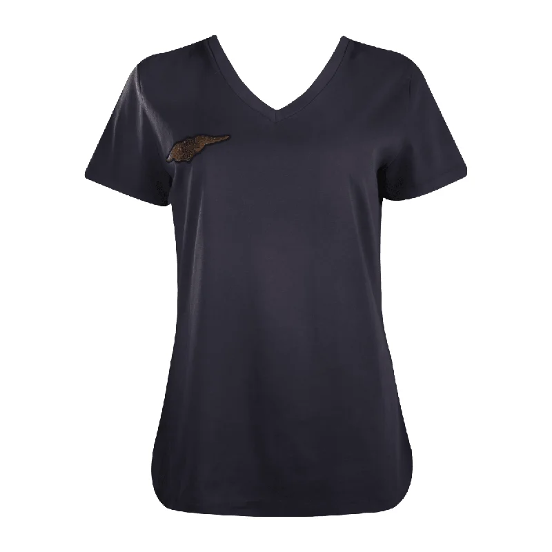 Branded  Women's T-Shirt Navy Grey HD Eagle Wings V-Neck S/S (S29)