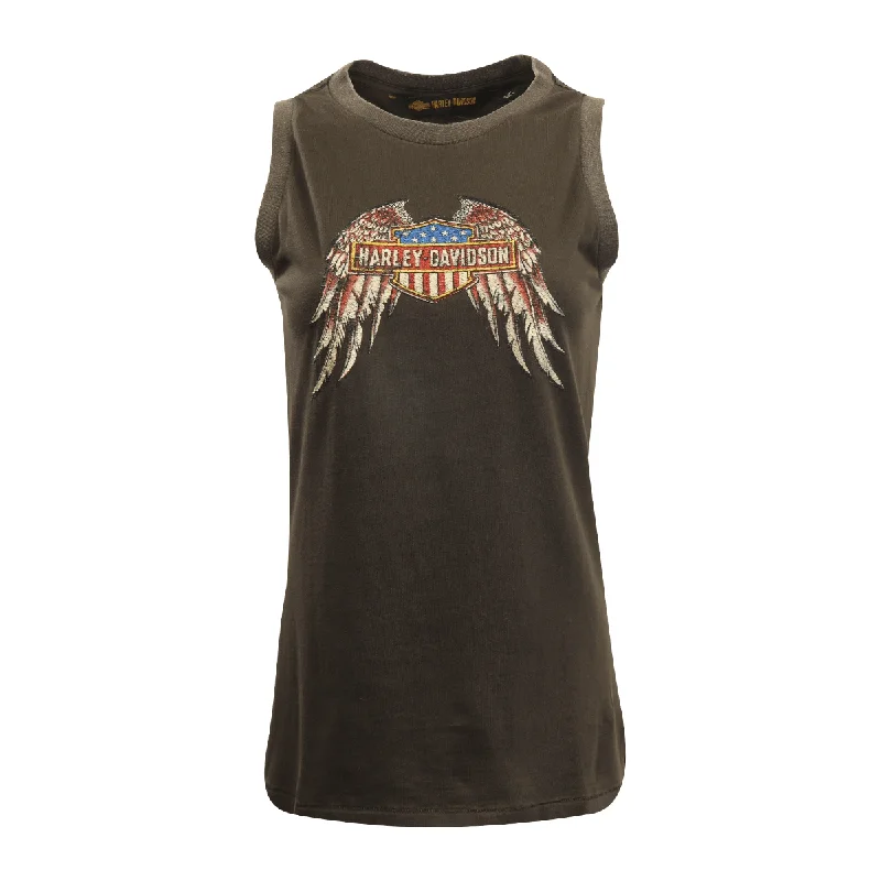 Branded  Women's Tank Top Dark Grey Embroidered America Eagle Wings (S03)