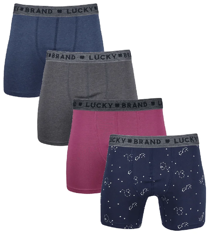 Lucky Brand Men's Magenta, Blue, Grey & Star Pattern 4 Pack Boxer Briefs (S03)