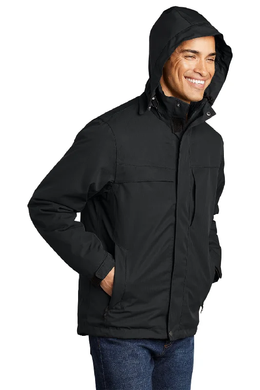 Port Authority Mens Herringbone 3-in-1 Waterproof Full Zip Hooded Jacket - Black