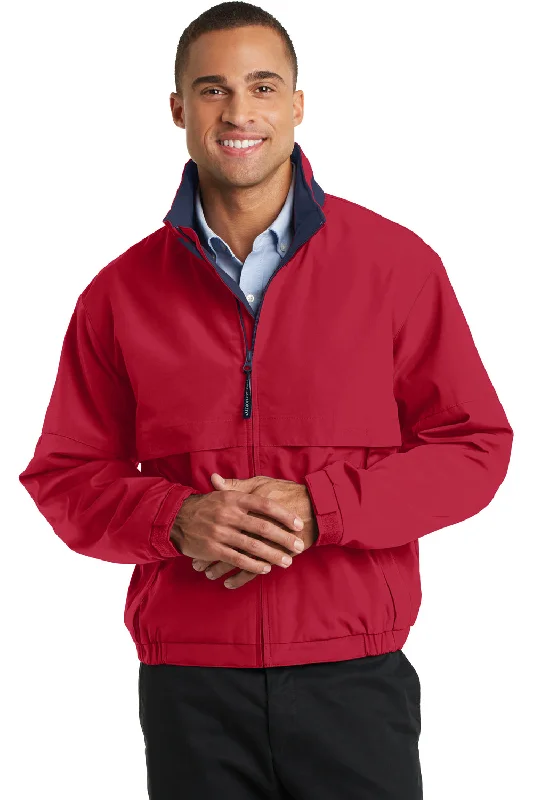 Port Authority Mens Legacy Wind & Water Resistant Full Zip Hooded Jacket - Red/Dark Navy Blue - Closeout