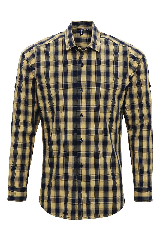 Artisan Collection Mens Mulligan Check Long Sleeve Button Down Shirt - Camel Brown/Navy Blue