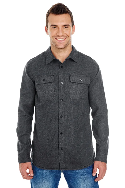 Burnside Mens Flannel Long Sleeve Button Down Shirt w/ Double Pockets - Charcoal Grey