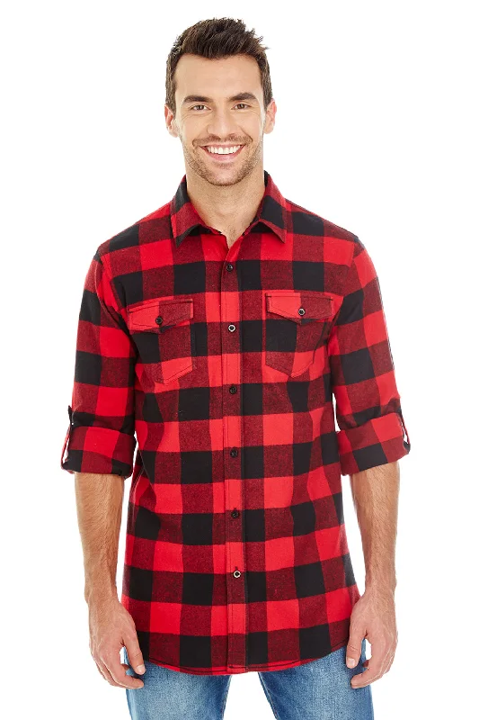 Burnside Mens Flannel Long Sleeve Button Down Shirt w/ Double Pockets - Red/Black