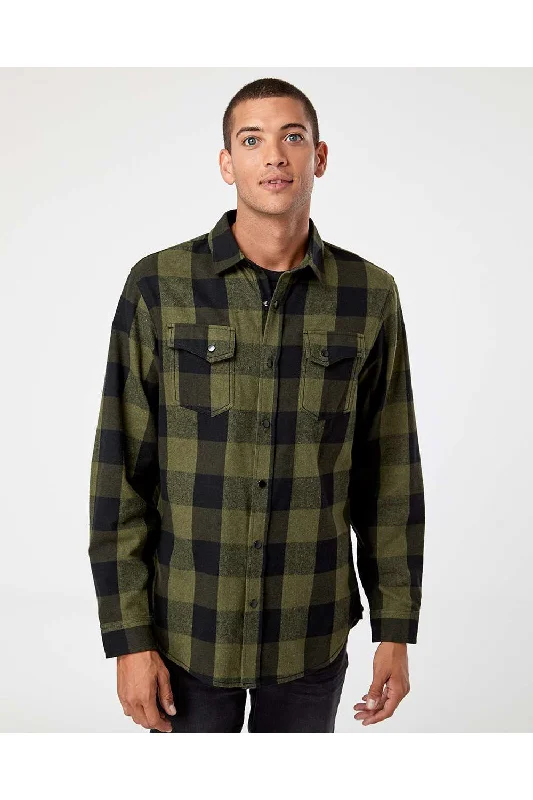 Burnside Mens Plaid Flannel Long Sleeve Snap Down Shirt w/ Double Pockets - Army Green/Black - NEW