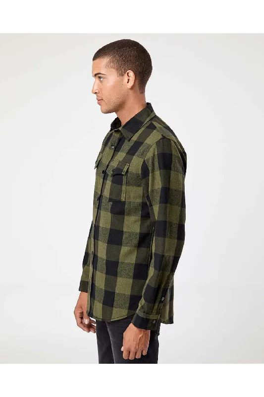 Burnside Mens Plaid Flannel Long Sleeve Snap Down Shirt w/ Double Pockets - Army Green/Black - NEW