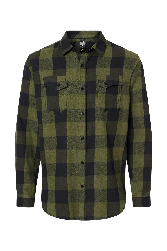 Burnside Mens Plaid Flannel Long Sleeve Snap Down Shirt w/ Double Pockets - Army Green/Black - NEW