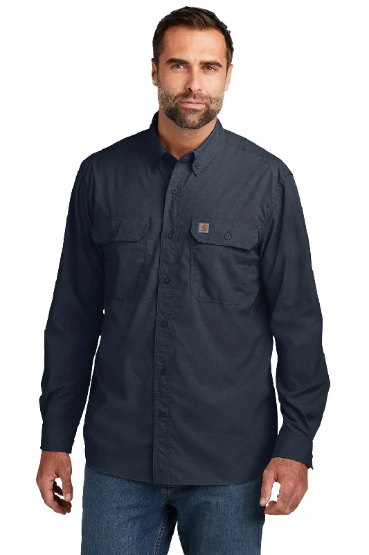 Carhartt Mens Force Moisture Wicking Long Sleeve Button Down Shirt w/ Double Pockets - Navy Blue