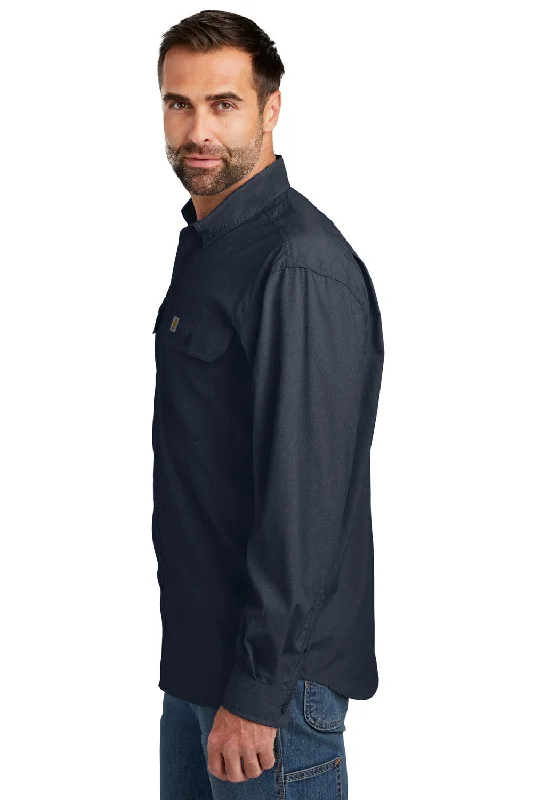 Carhartt Mens Force Moisture Wicking Long Sleeve Button Down Shirt w/ Double Pockets - Navy Blue