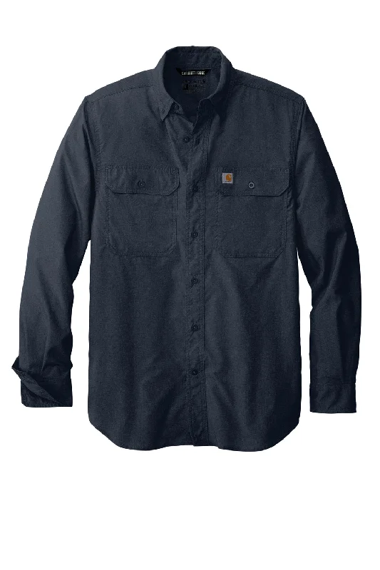 Carhartt Mens Force Moisture Wicking Long Sleeve Button Down Shirt w/ Double Pockets - Navy Blue