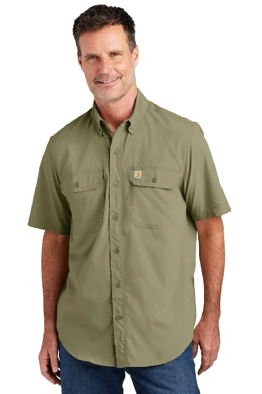 Carhartt Mens Force Moisture Wicking Short Sleeve Button Down Shirt w/ Double Pockets - Burnt Olive Green