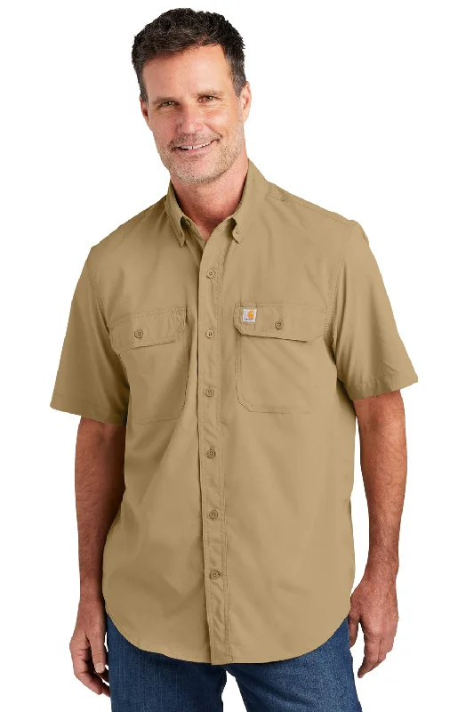 Carhartt Mens Force Moisture Wicking Short Sleeve Button Down Shirt w/ Double Pockets - Dark Khaki Brown