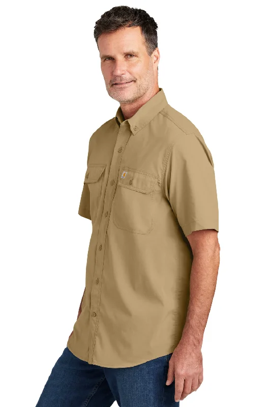 Carhartt Mens Force Moisture Wicking Short Sleeve Button Down Shirt w/ Double Pockets - Dark Khaki Brown