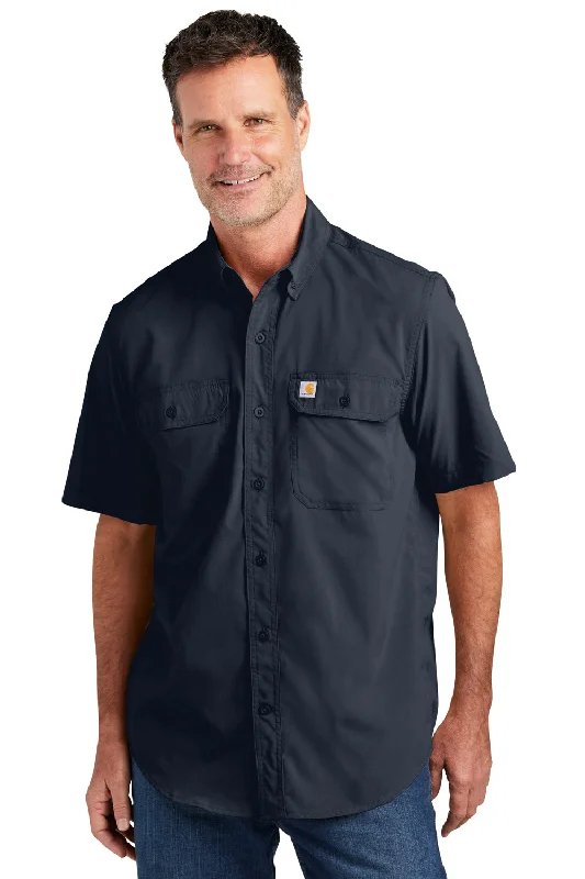 Carhartt Mens Force Moisture Wicking Short Sleeve Button Down Shirt w/ Double Pockets - Navy Blue