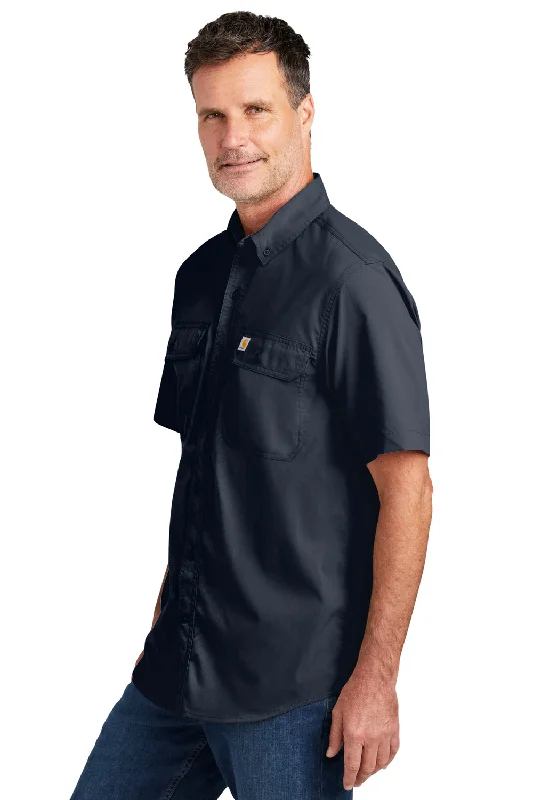 Carhartt Mens Force Moisture Wicking Short Sleeve Button Down Shirt w/ Double Pockets - Navy Blue