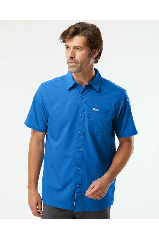 Columbia Mens Slack Tide Moisture Wicking Short Sleeve Button Down Camp Shirt w/ Pocket - Vivid Blue - NEW