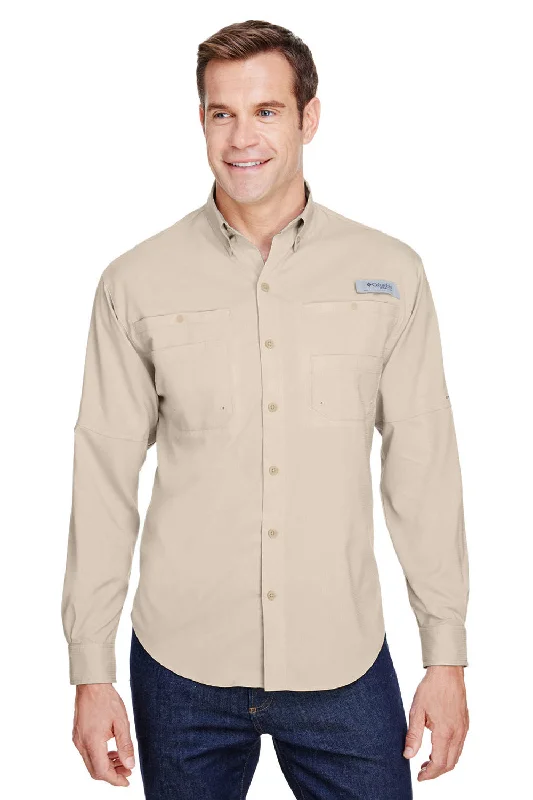 Columbia Mens Tamiami II Moisture Wicking Long Sleeve Button Down Shirt w/ Double Pockets - Fossil