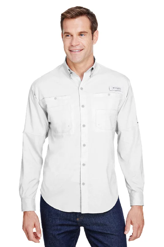 Columbia Mens Tamiami II Moisture Wicking Long Sleeve Button Down Shirt w/ Double Pockets - White