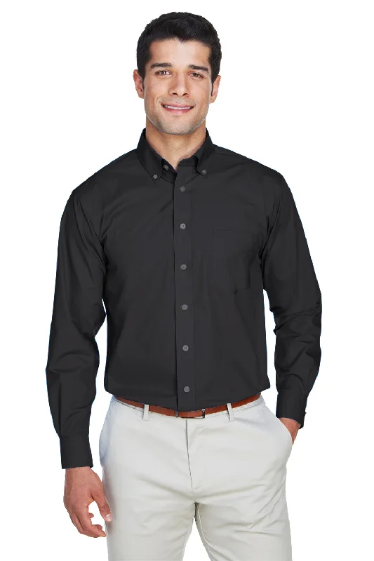 Devon & Jones Mens Crown Woven Collection Wrinkle Resistant Long Sleeve Button Down Shirt w/ Pocket - Black