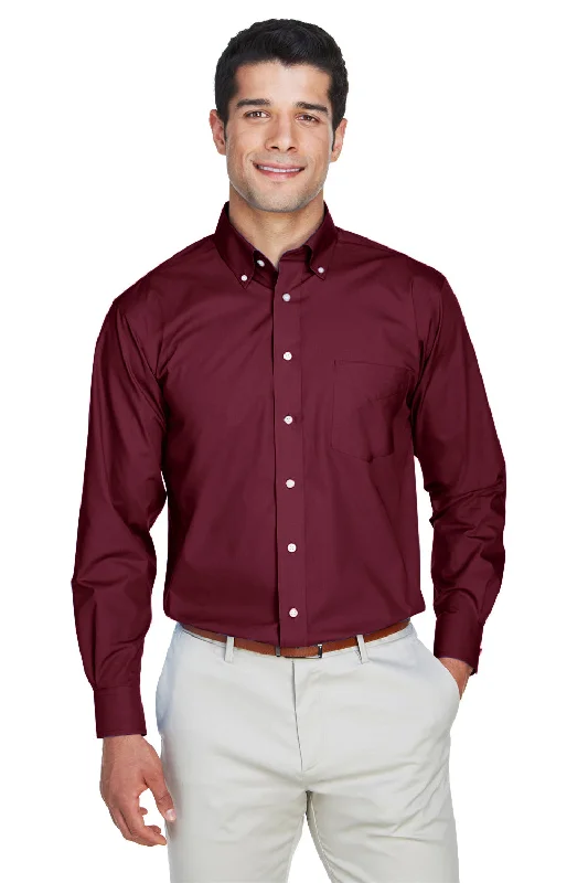 Devon & Jones Mens Crown Woven Collection Wrinkle Resistant Long Sleeve Button Down Shirt w/ Pocket - Burgundy