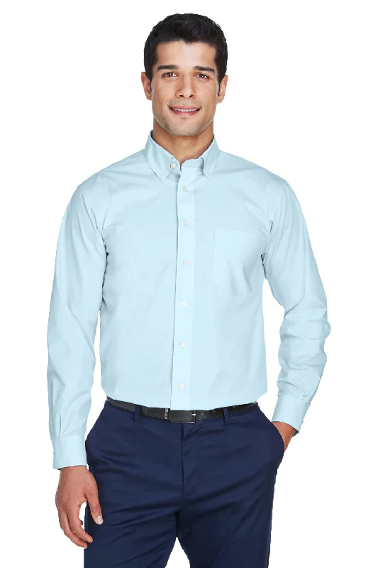 Devon & Jones Mens Crown Woven Collection Wrinkle Resistant Long Sleeve Button Down Shirt w/ Pocket - Crystal Blue