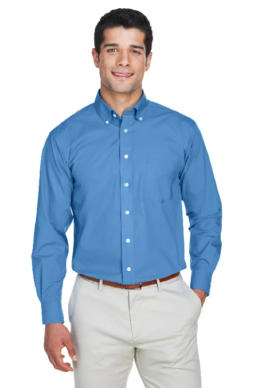 Devon & Jones Mens Crown Woven Collection Wrinkle Resistant Long Sleeve Button Down Shirt w/ Pocket - French Blue