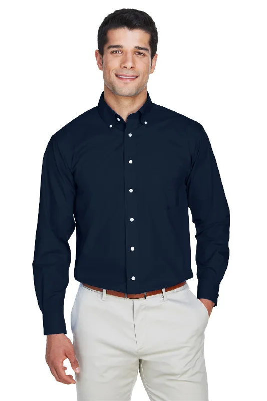 Devon & Jones Mens Crown Woven Collection Wrinkle Resistant Long Sleeve Button Down Shirt w/ Pocket - Navy Blue