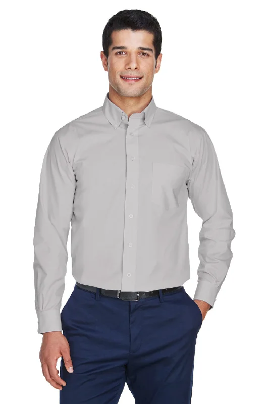 Devon & Jones Mens Crown Woven Collection Wrinkle Resistant Long Sleeve Button Down Shirt w/ Pocket - Silver Grey