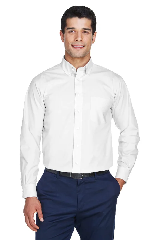 Devon & Jones Mens Crown Woven Collection Wrinkle Resistant Long Sleeve Button Down Shirt w/ Pocket - White