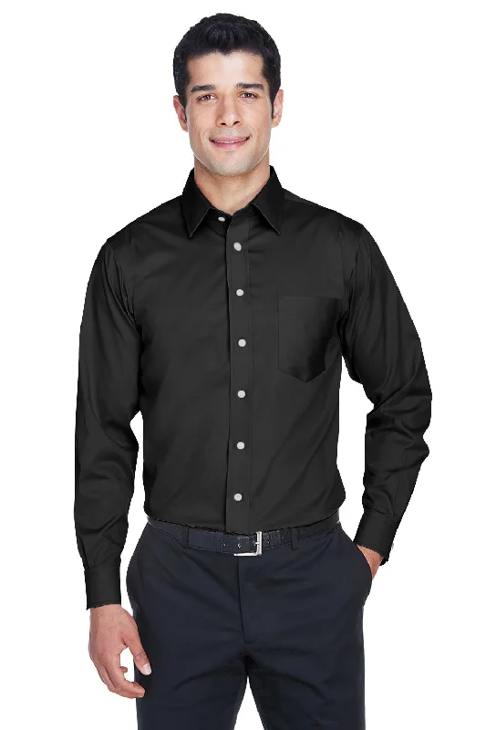 Devon & Jones Mens Crown Woven Collection Wrinkle Resistant Long Sleeve Button Down Shirt w/ Pocket - Black