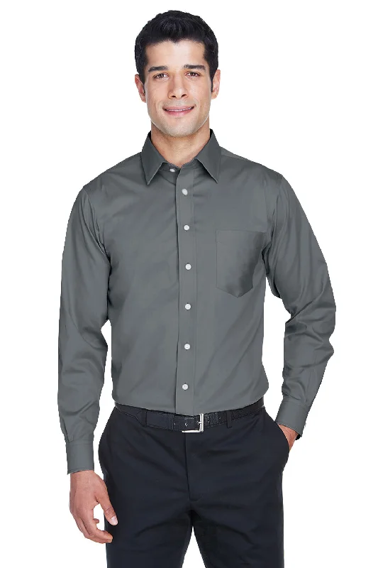 Devon & Jones Mens Crown Woven Collection Wrinkle Resistant Long Sleeve Button Down Shirt w/ Pocket - Graphite Grey