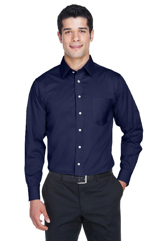 Devon & Jones Mens Crown Woven Collection Wrinkle Resistant Long Sleeve Button Down Shirt w/ Pocket - Navy Blue