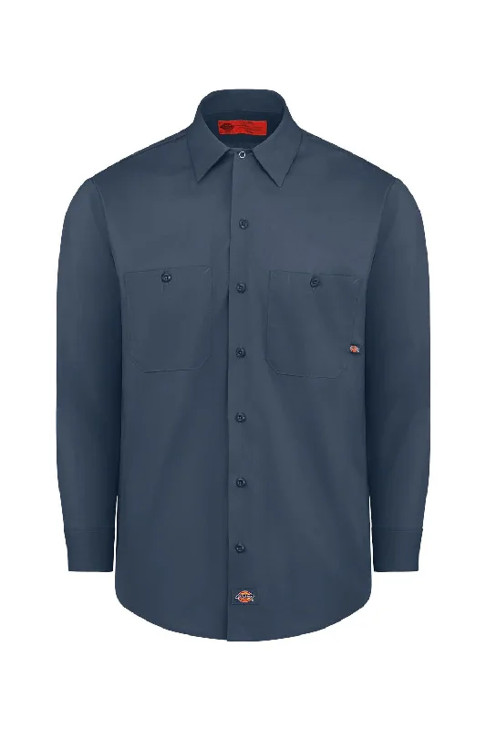 Dickies Mens Industrial Wrinkle Resistant Long Sleeve Button Down Work Shirt w/ Double Pockets - Dark Navy Blue - NEW