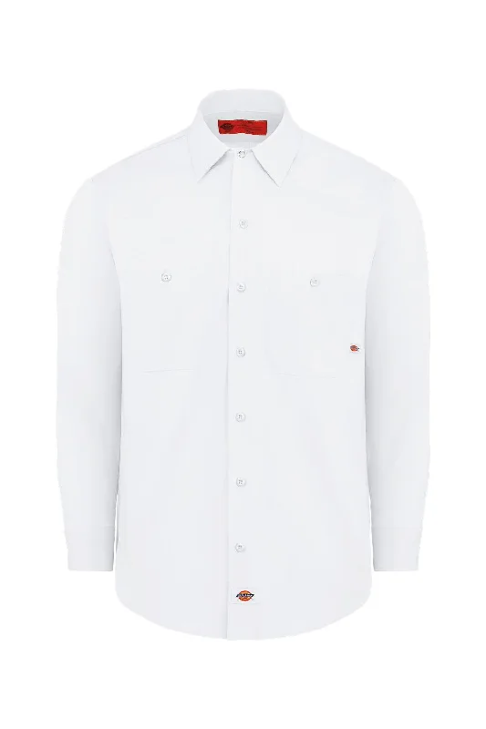 Dickies Mens Industrial Wrinkle Resistant Long Sleeve Button Down Work Shirt w/ Double Pockets - White - NEW